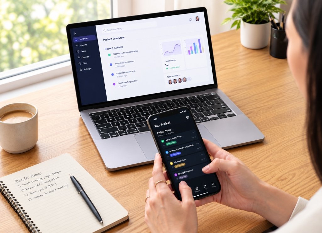 Enton Innovation digital product engineering, mobile UI and laptop workspace