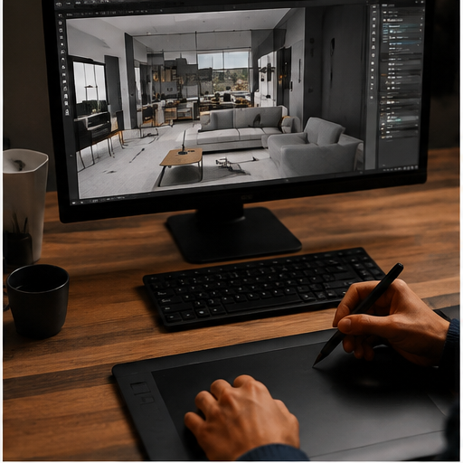 Hands using a tablet with UI mockups