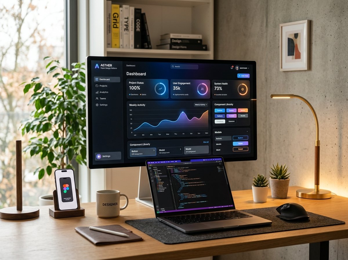 High-performance website development workspace with dual displays